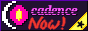 The text "cadence now!" on a purple background. There is a moon-shaped logo on the left side and a tiny star in the bottom right.